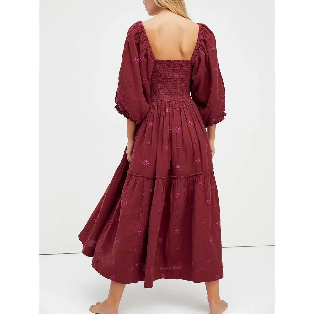 Free People Dahlia Embroidered Maxi Dress Burgundy